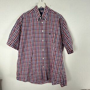 Faconnable Mens Red Blue Checkered Short-Sleeve Button-Down Shirt Large Cotton